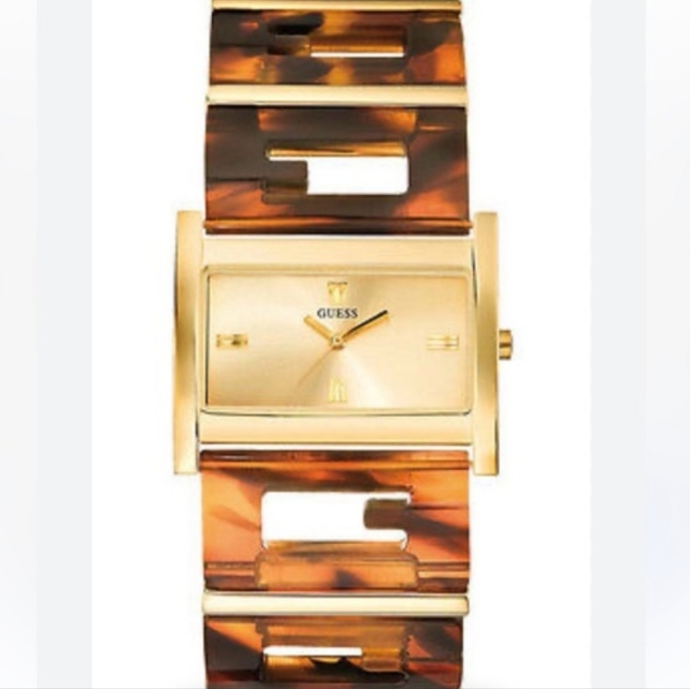 Guess Square Gold Faced Torquise Shell Band "G"  Watch Ladies NWT As Is Battery